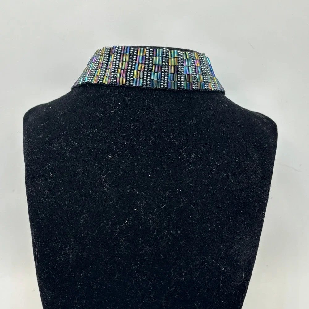 Vintage Aurora Borealis Bugle Bead Choker Necklace Iridescent Rainbow AB Glass